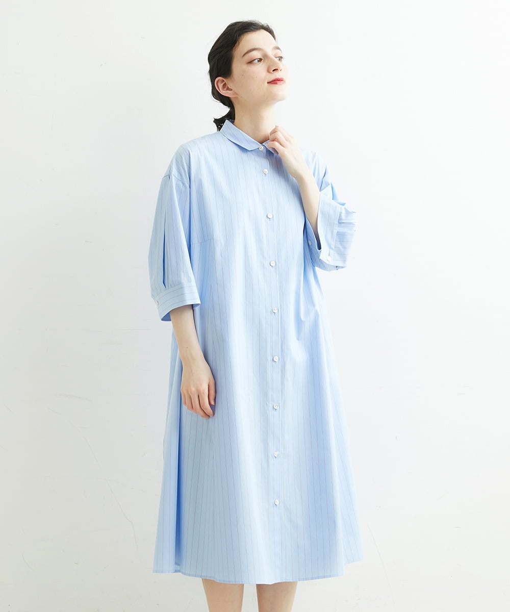 PHEGS36430 GEORGES RECH(小さいサイズ)(メゾン ドゥ サンク) [日本製]2WAYスリーブストライプシャツワンピース ライトブルー系