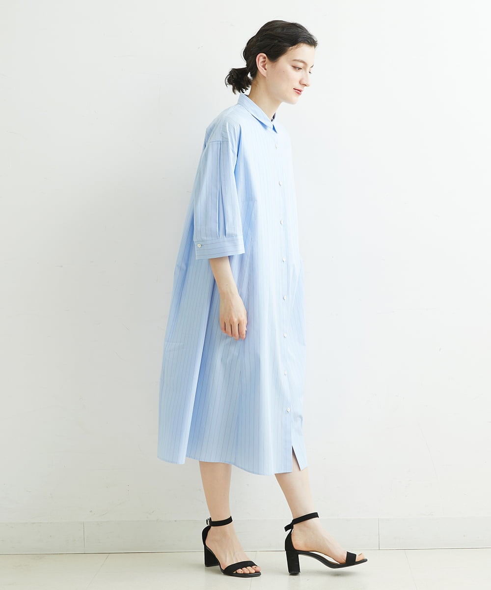 PHEGS36430 GEORGES RECH(小さいサイズ)(メゾン ドゥ サンク) [日本製]2WAYスリーブストライプシャツワンピース ライトブルー系