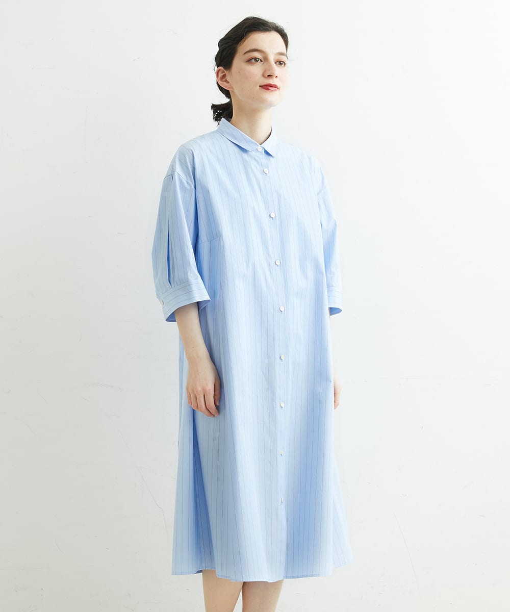 PHEGS36430 GEORGES RECH(小さいサイズ)(メゾン ドゥ サンク) [日本製]2WAYスリーブストライプシャツワンピース ライトブルー系