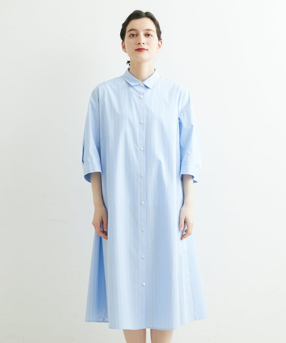 PHEGS36430 GEORGES RECH(小さいサイズ)(メゾン ドゥ サンク) [日本製]2WAYスリーブストライプシャツワンピース ライトブルー系