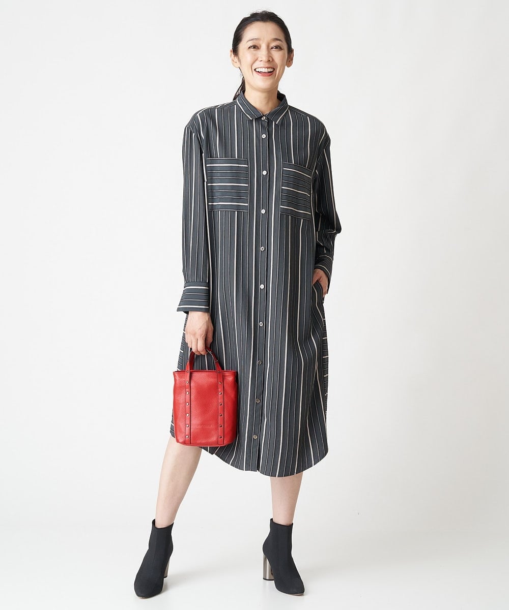 PHEJS16490 GEORGES RECH(小さいサイズ)(メゾン ドゥ サンク)  [日本製]ドビーストライプシャツワンピース ブラック系