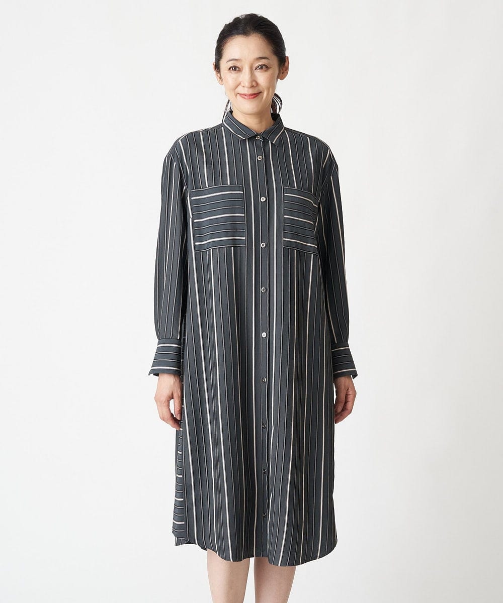 PHEJS16490 GEORGES RECH(小さいサイズ)(メゾン ドゥ サンク)  [日本製]ドビーストライプシャツワンピース ブラック系