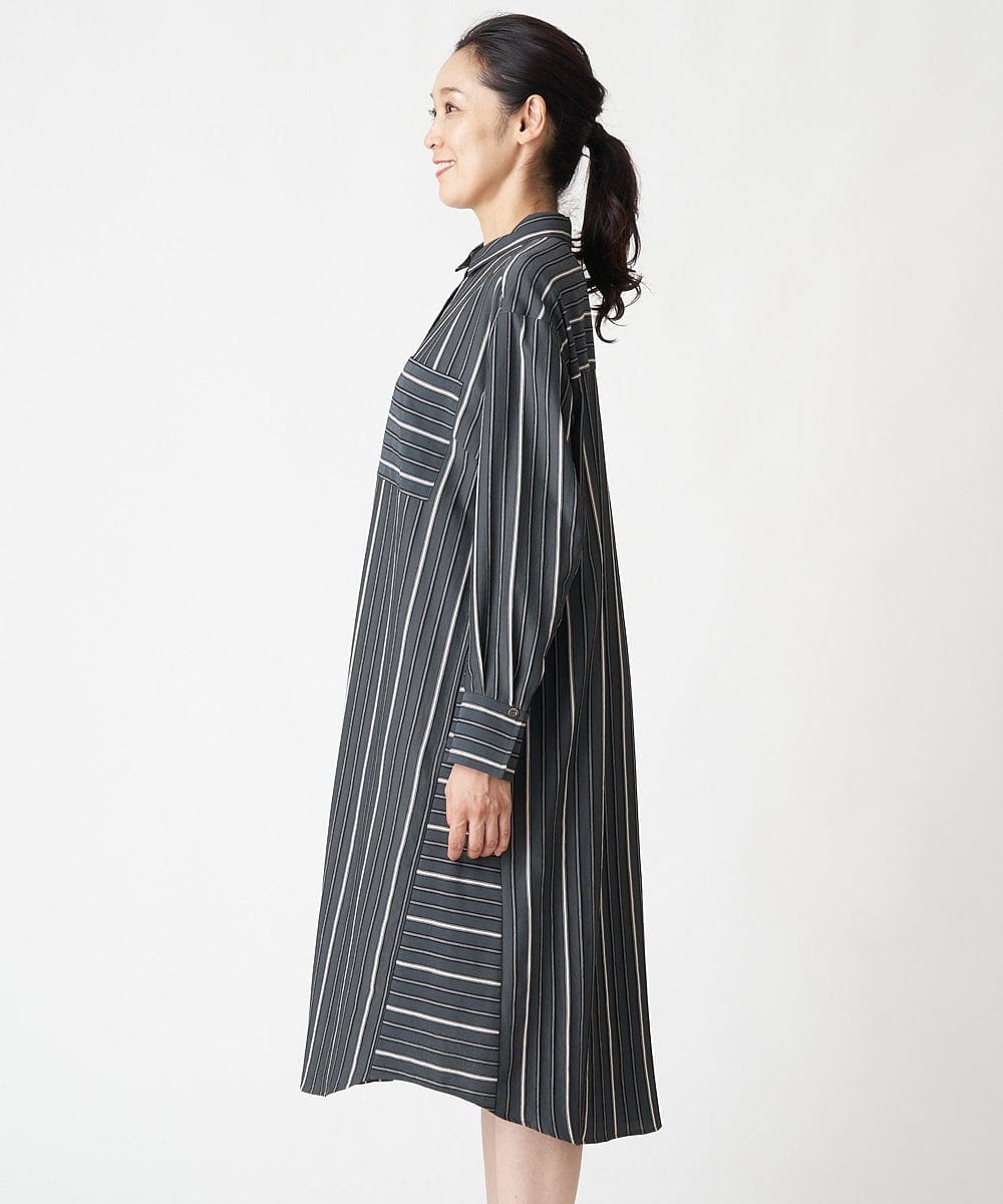 PHEJS16490 GEORGES RECH(小さいサイズ)(メゾン ドゥ サンク)  [日本製]ドビーストライプシャツワンピース ブラック系
