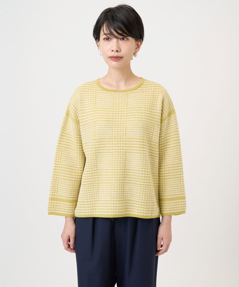 PHFAD34230 GEORGES RECH(小さいサイズ)(メゾン ドゥ サンク) ブークレチェックジャカード7分袖ニット イエロー