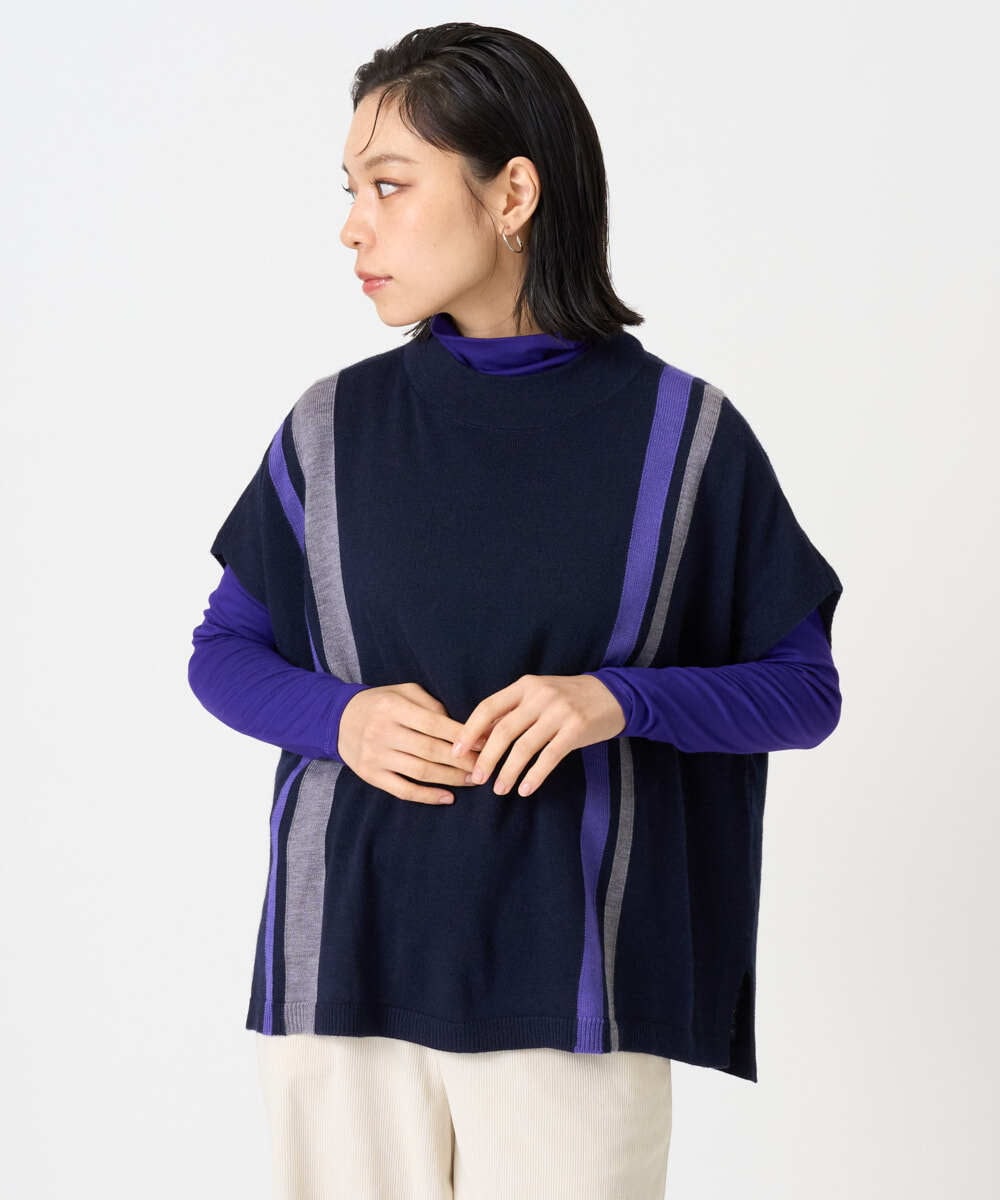 PHFAG13230 GEORGES RECH(小さいサイズ)(メゾン ドゥ サンク) カラーブロックニットポンチョ ネイビー