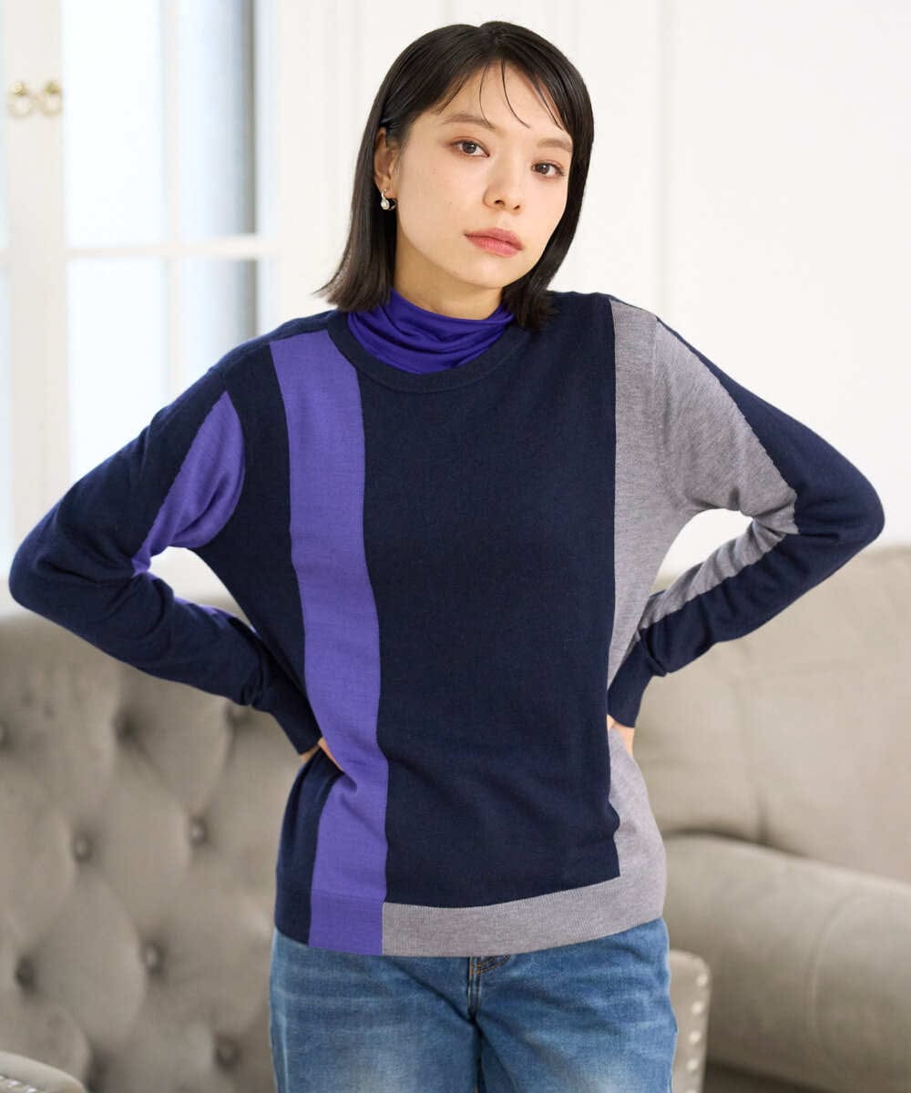 PHFAG14240 GEORGES RECH(小さいサイズ)(メゾン ドゥ サンク) カラーブロックニットプルオーバー ネイビー