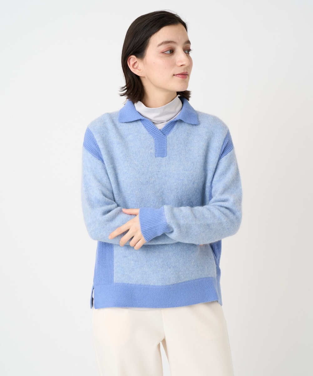 PHFCD58250 GEORGES RECH(小さいサイズ)(メゾン ドゥ サンク) メランジブークレ襟付きニット ライトブルー