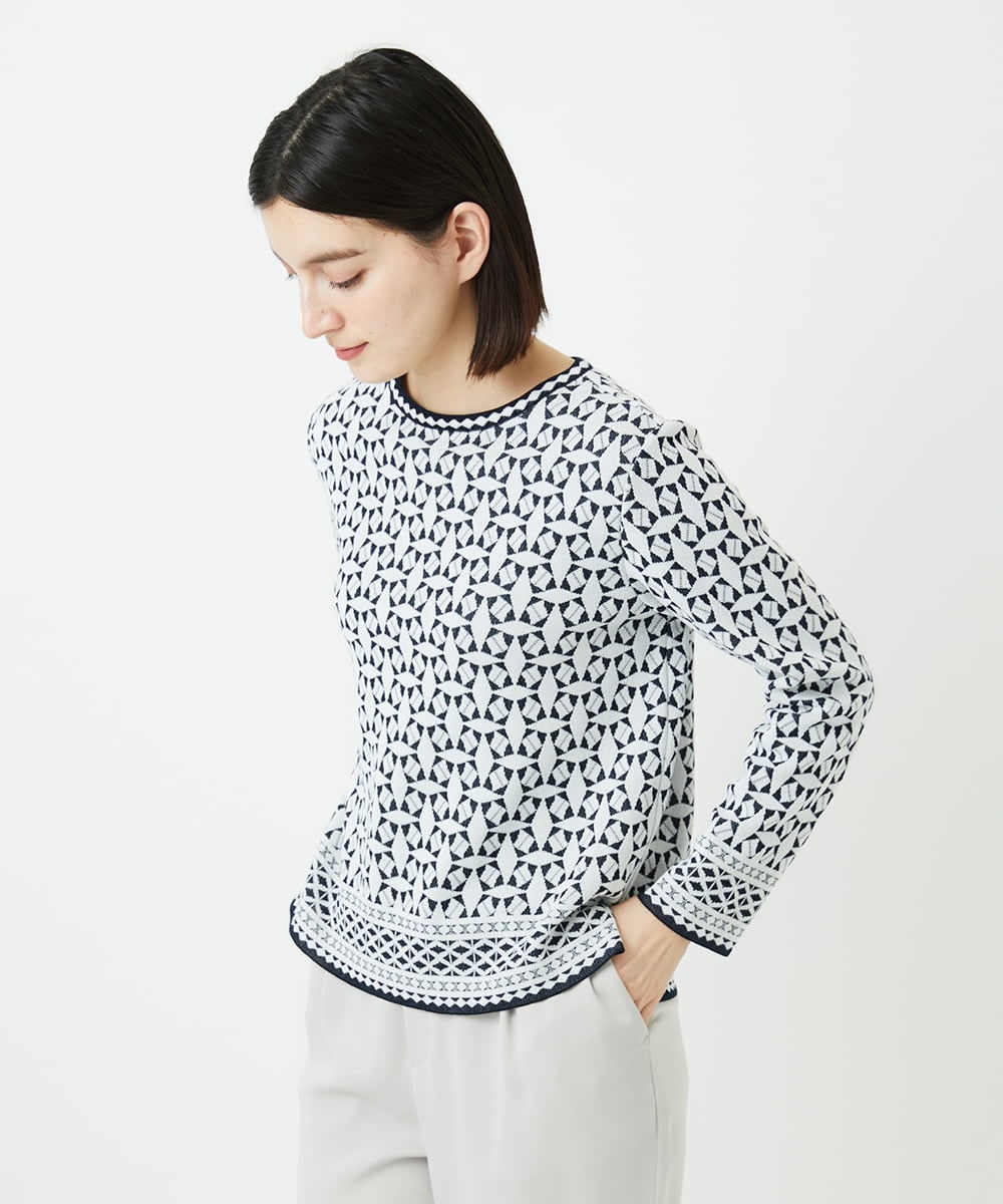 PHFEE26270 GEORGES RECH(小さいサイズ)(メゾン ドゥ サンク)  [日本製]レース柄ジャカードニットプルオーバー ネイビー