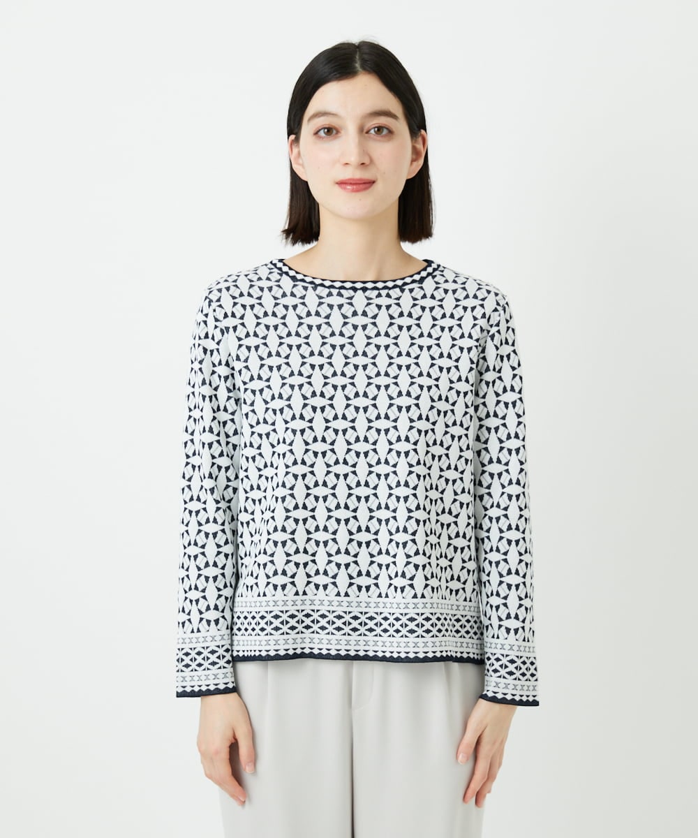 PHFEE26270 GEORGES RECH(小さいサイズ)(メゾン ドゥ サンク)  [日本製]レース柄ジャカードニットプルオーバー ネイビー