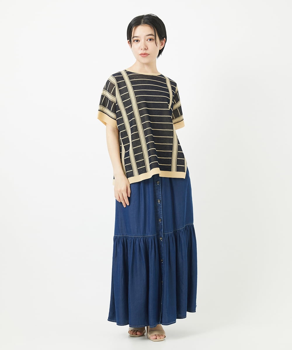 PHFGA15250 GEORGES RECH(小さいサイズ)(メゾン ドゥ サンク) ジャガードストライプ幾何柄シアーニット ホワイト