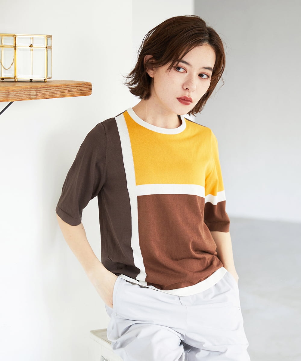 PHFGD13250 GEORGES RECH(小さいサイズ)(メゾン ドゥ サンク) カラーブロックインターシャニット オレンジ