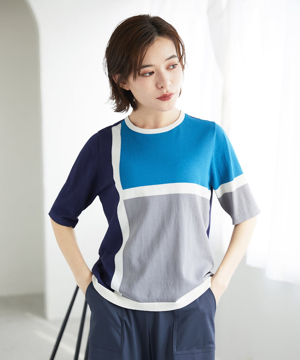 PHFGD13250 GEORGES RECH(小さいサイズ)(メゾン ドゥ サンク) カラーブロックインターシャニット ブルー