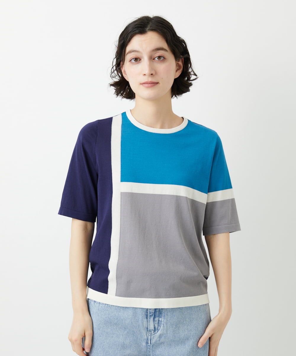 PHFGD13250 GEORGES RECH(小さいサイズ)(メゾン ドゥ サンク) カラーブロックインターシャニット ブルー