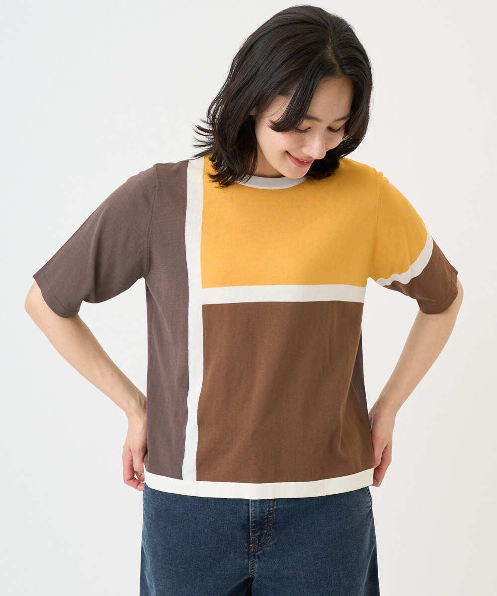 PHFGD13250 GEORGES RECH(小さいサイズ)(メゾン ドゥ サンク) カラーブロックインターシャニット ブルー