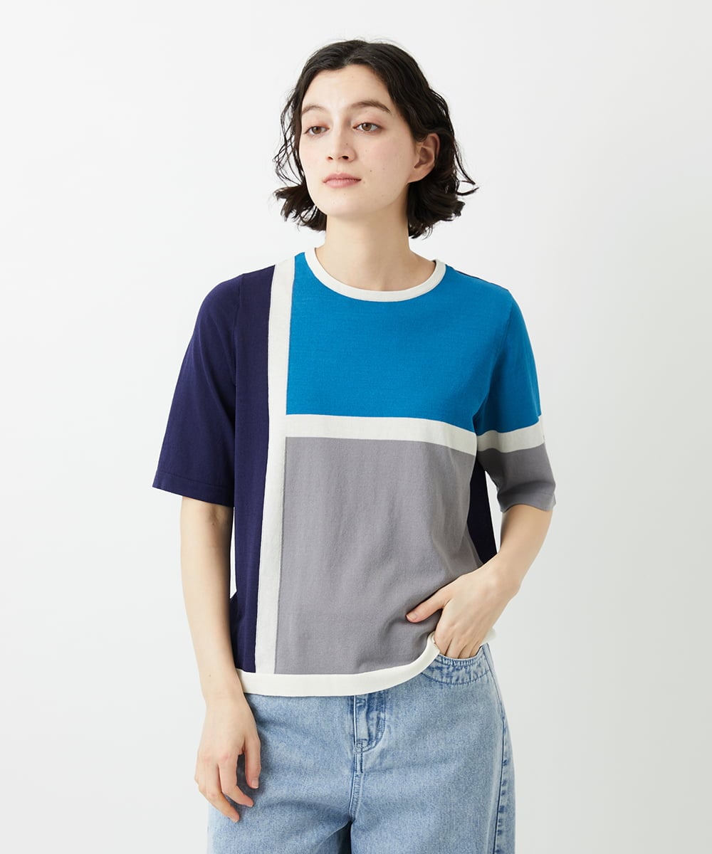 PHFGD13250 GEORGES RECH(小さいサイズ)(メゾン ドゥ サンク) カラーブロックインターシャニット ブルー