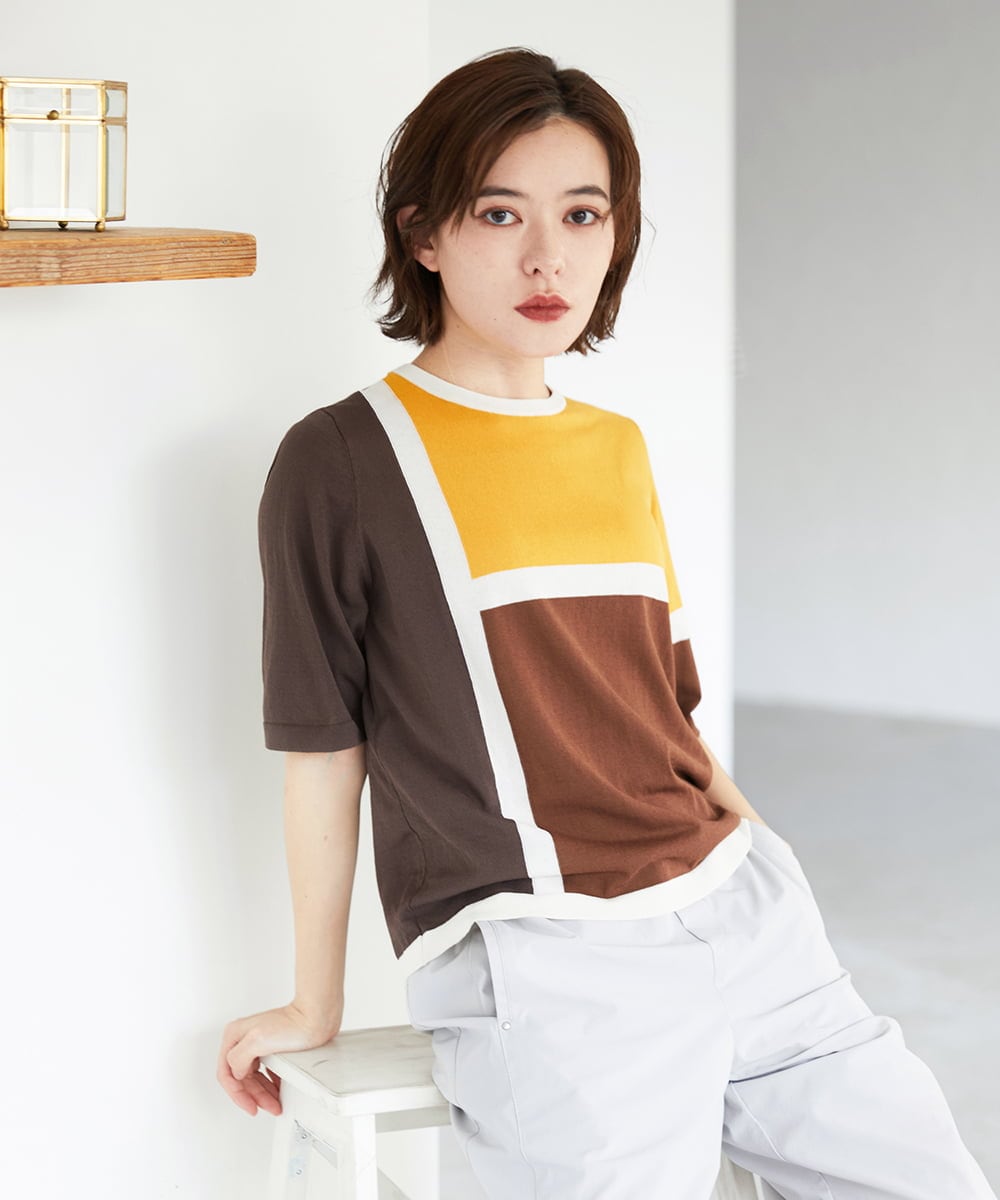 PHFGD13250 GEORGES RECH(小さいサイズ)(メゾン ドゥ サンク) カラーブロックインターシャニット ブルー