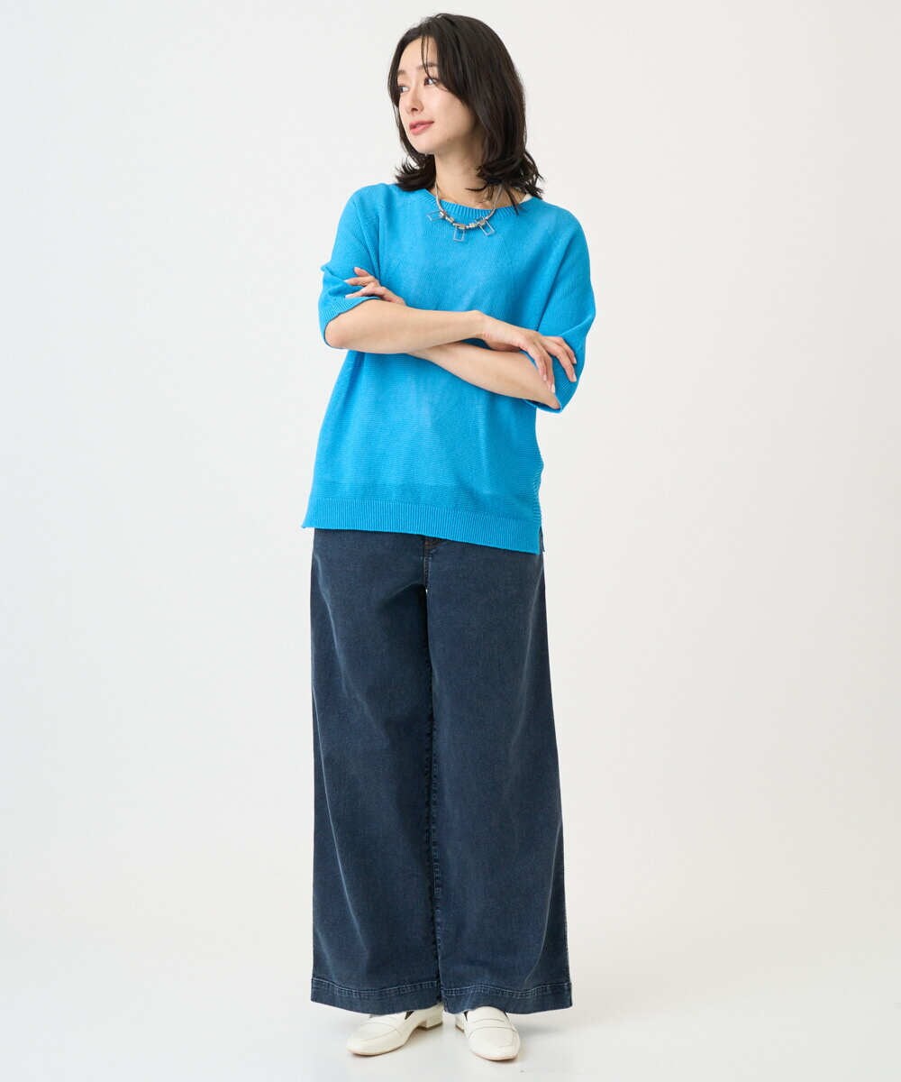 PHFGD15230 GEORGES RECH(小さいサイズ)(メゾン ドゥ サンク)  [日本製]ホールガーメントストレッチ5分袖ニット ブルー