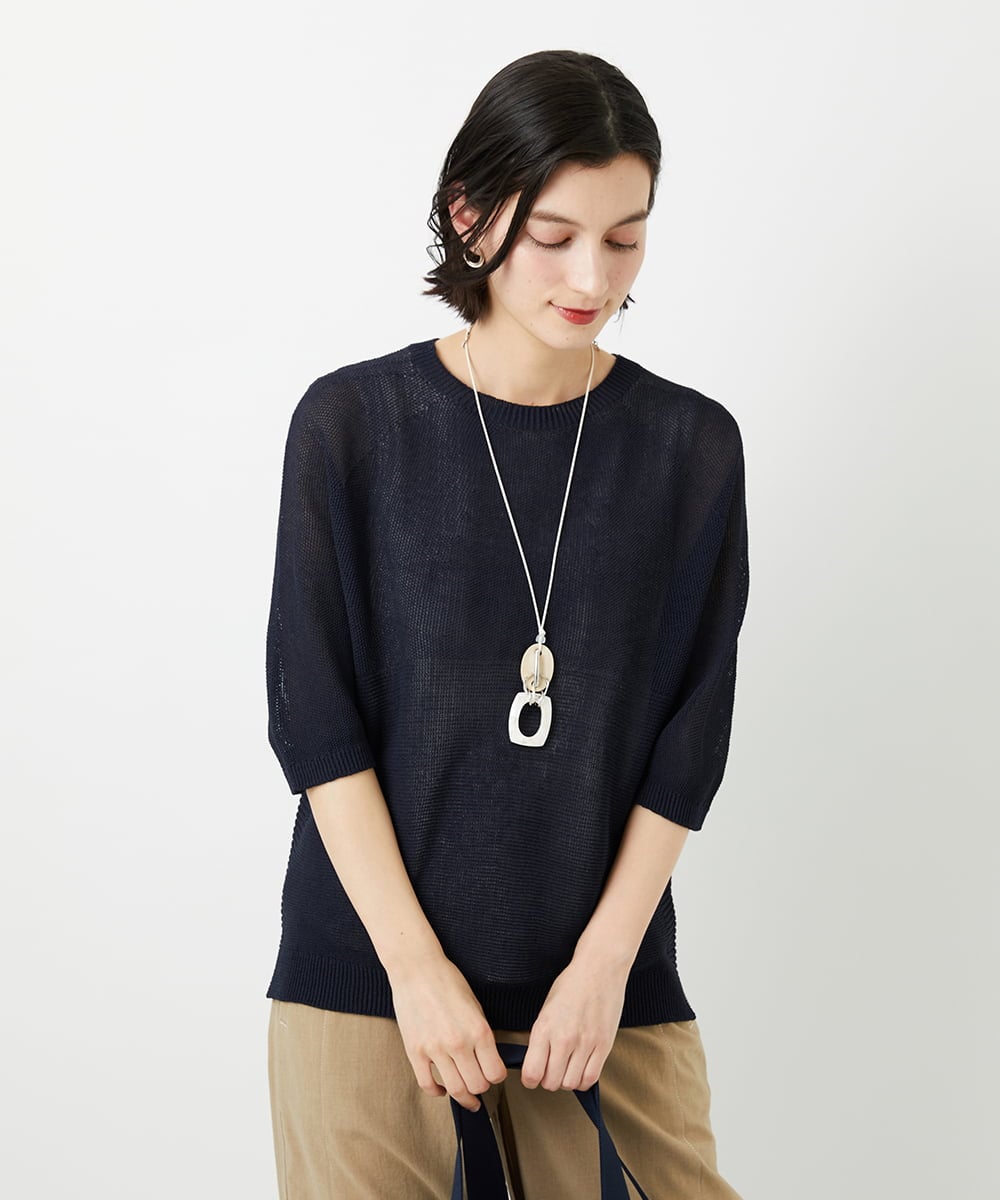 PHFGD15230 GEORGES RECH(小さいサイズ)(メゾン ドゥ サンク)  [日本製]ホールガーメントストレッチ5分袖ニット ネイビー