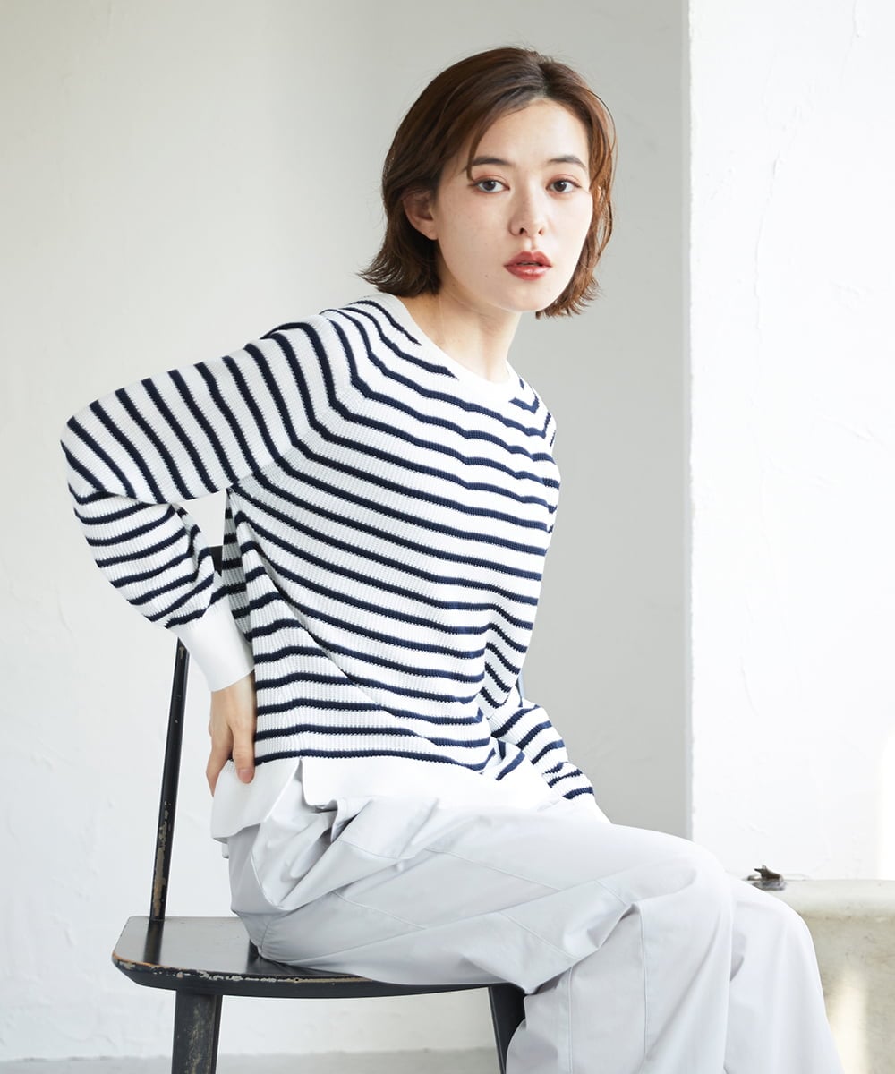 PHFGE43230 GEORGES RECH(小さいサイズ)(メゾン ドゥ サンク) [アンサンブル対応]畦タック柄ニットプルオーバー ホワイト(ボーダー柄)