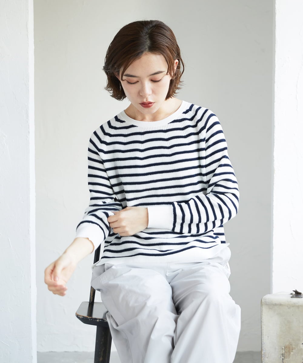 PHFGE43230 GEORGES RECH(小さいサイズ)(メゾン ドゥ サンク) [アンサンブル対応]畦タック柄ニットプルオーバー ホワイト(ボーダー柄)