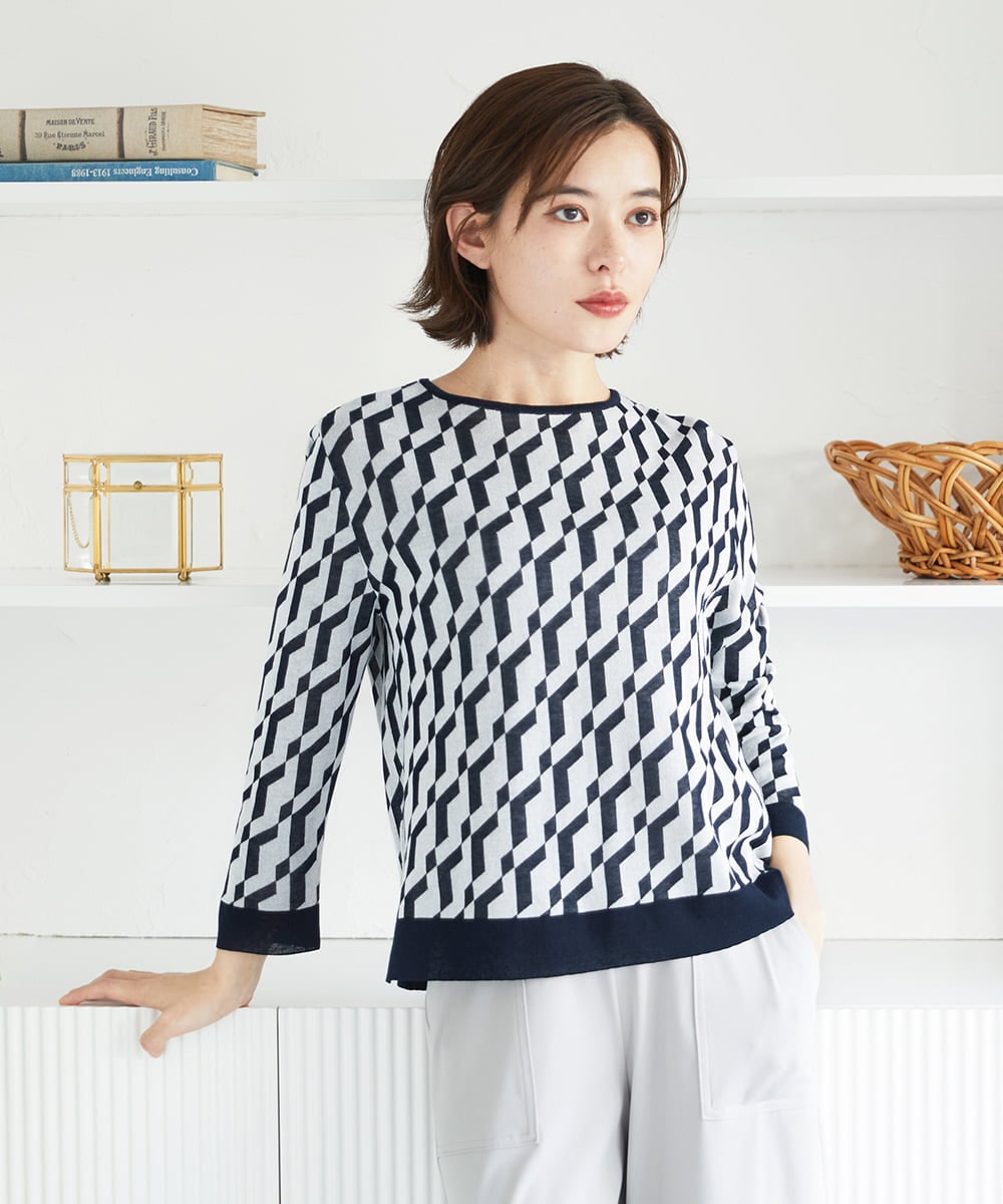 PHFGF53250 GEORGES RECH(小さいサイズ)(メゾン ドゥ サンク)  [日本製]ハイゲージ幾何ジャカードニット ネイビー