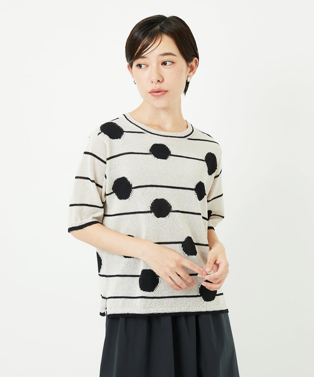 PHFHB07290 GEORGES RECH(小さいサイズ)(メゾン ドゥ サンク) ペーパーヤーンドット5分袖ニット アイボリー