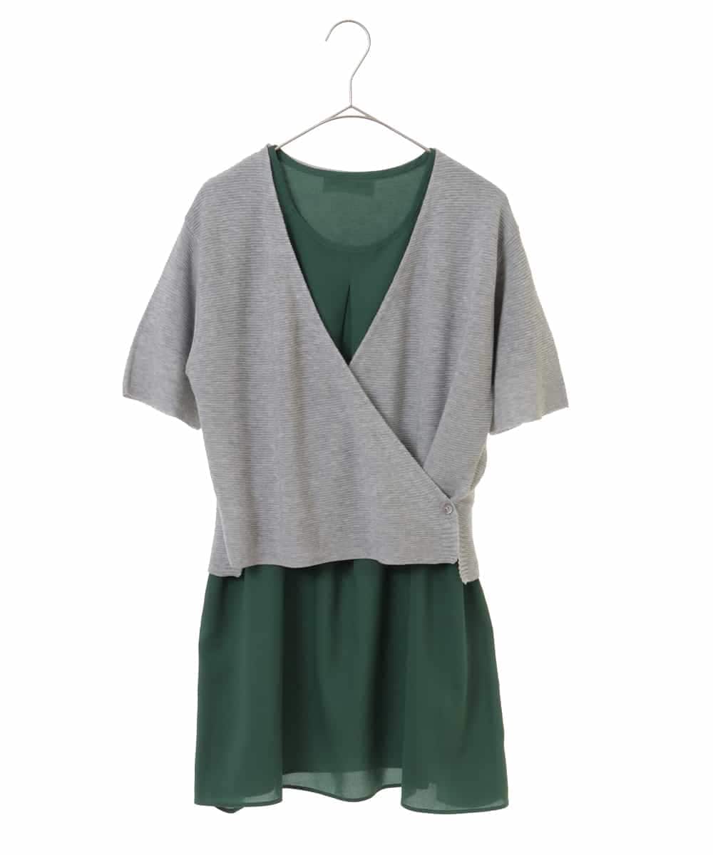 PHFHN38260 GEORGES RECH(小さいサイズ)(メゾン ドゥ サンク) 【ツインセット】ボレロ×チュニックブラウス グリーン×ライトグレー