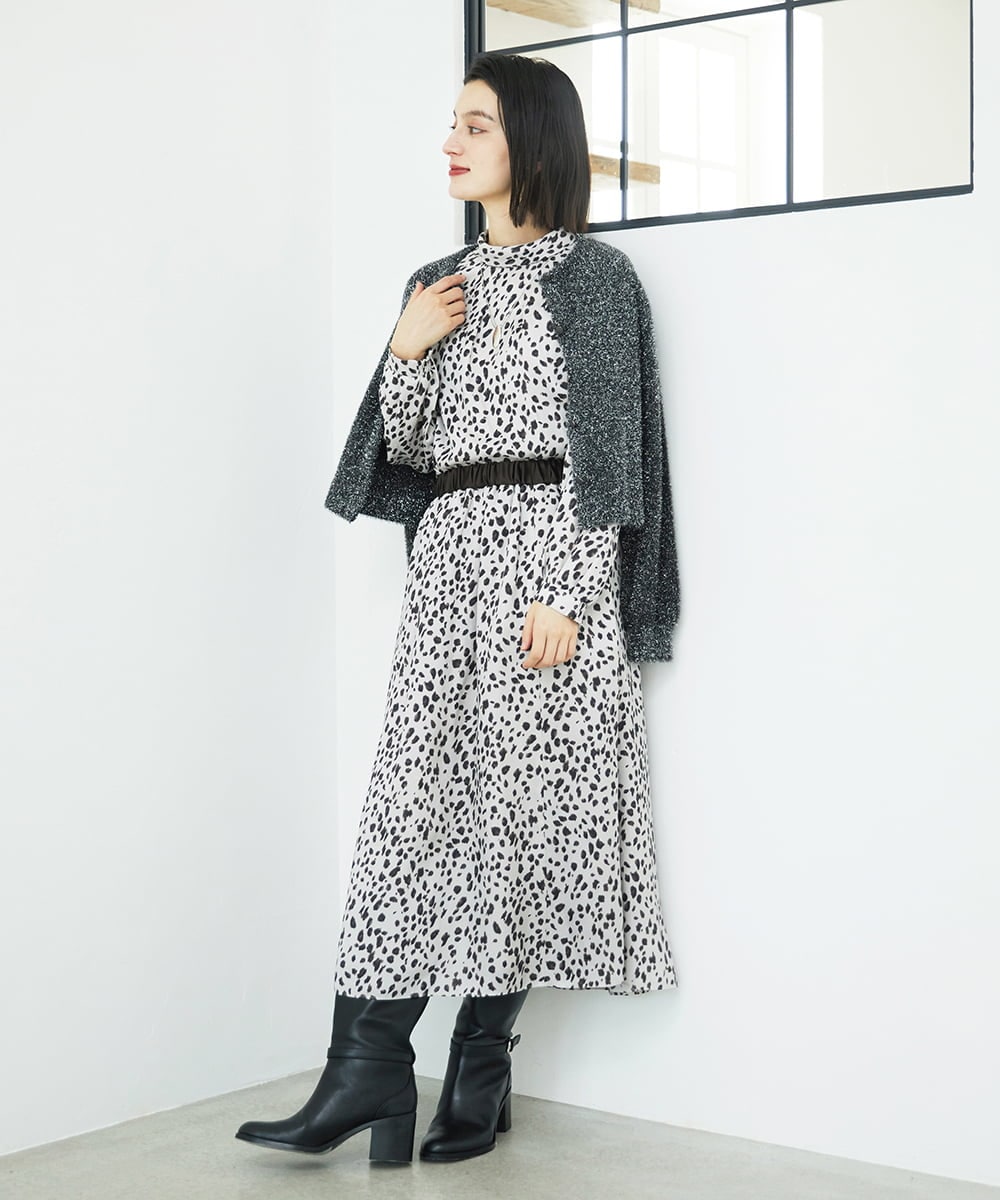 PHHCD49330 GEORGES RECH(小さいサイズ)(メゾン ドゥ サンク)  [日本製/セットアップ対応]レオパードギャザーフレアスカート ライトグレー