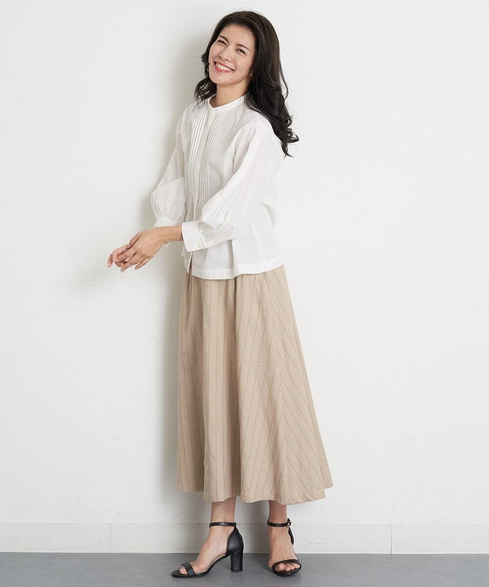 PHHET25360 GEORGES RECH(小さいサイズ)(メゾン ドゥ サンク) [セットアップ対応]リネンへリンボンストライプフレアスカート オフホワイト