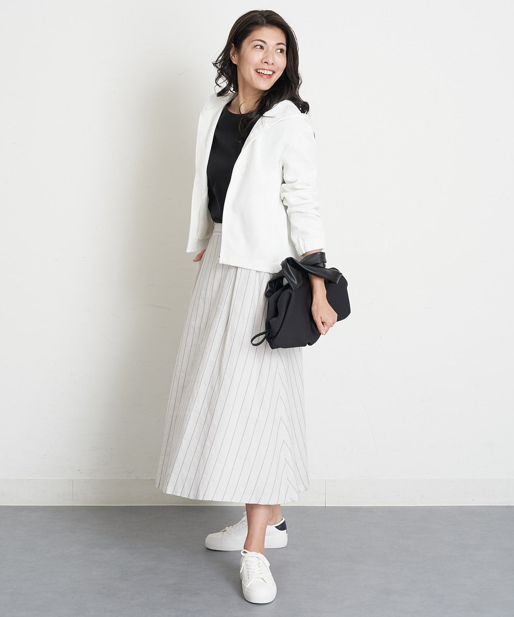 PHHET25360 GEORGES RECH(小さいサイズ)(メゾン ドゥ サンク) [セットアップ対応]リネンへリンボンストライプフレアスカート オフホワイト