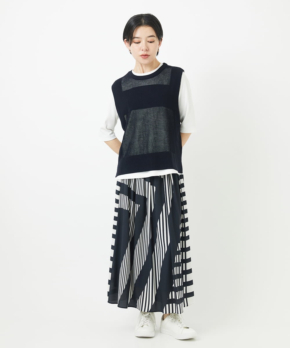 PHHGA18360 GEORGES RECH(小さいサイズ)(メゾン ドゥ サンク) 幾何プリントタックフレアスカート ネイビー