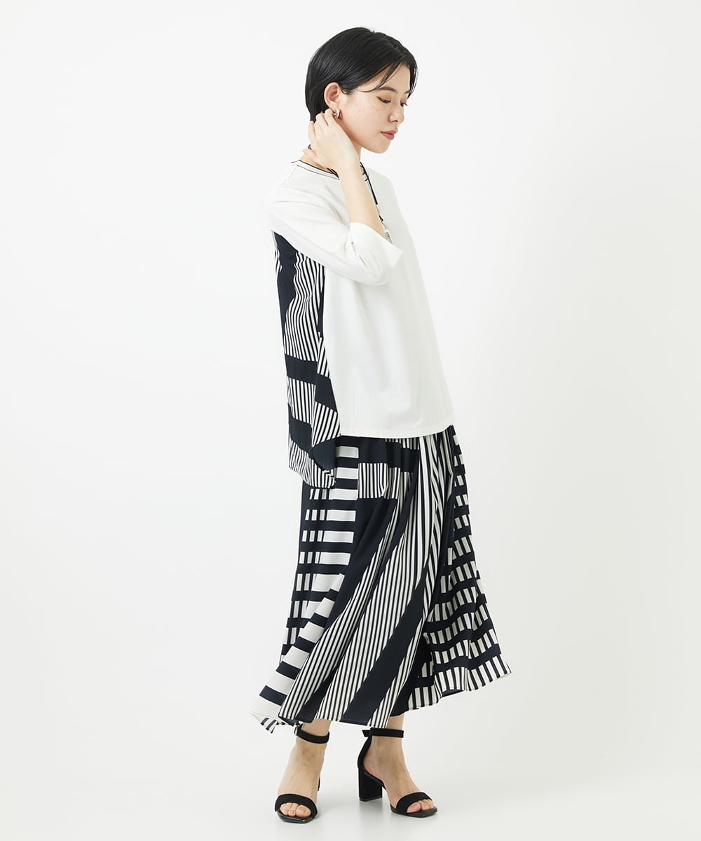PHHGA18360 GEORGES RECH(小さいサイズ)(メゾン ドゥ サンク) 幾何プリントタックフレアスカート ネイビー