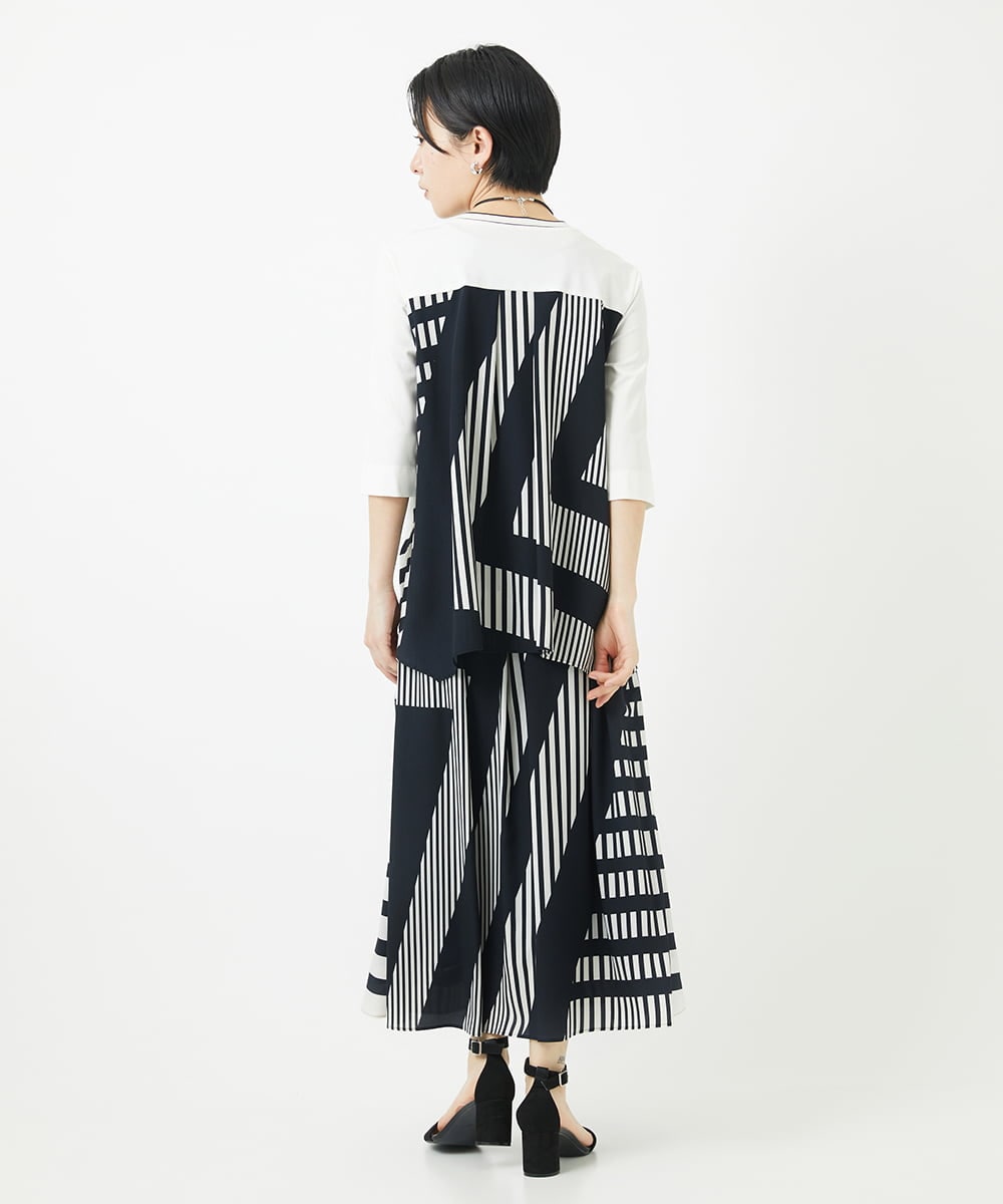 PHHGA18360 GEORGES RECH(小さいサイズ)(メゾン ドゥ サンク) 幾何プリントタックフレアスカート ネイビー