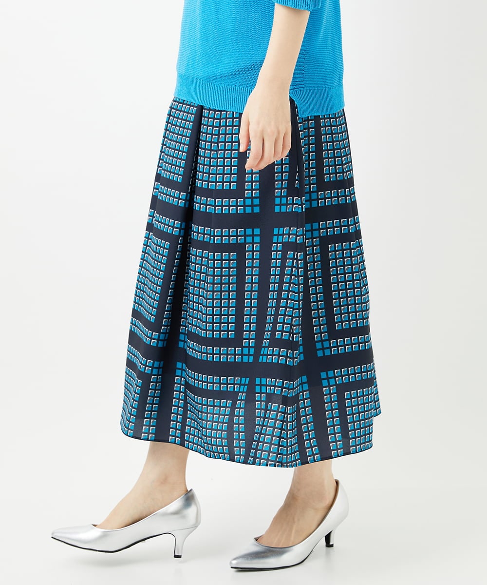 PHHGD14360 GEORGES RECH(小さいサイズ)(メゾン ドゥ サンク)  [日本製/セットアップ対応]ジオメトリックスカーフ柄スカート ネイビー系