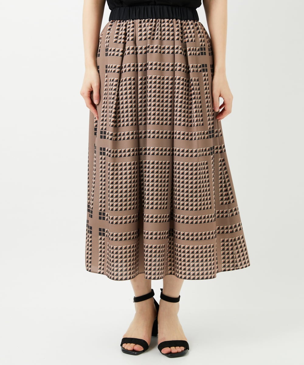 PHHGD14360 GEORGES RECH(小さいサイズ)(メゾン ドゥ サンク)  [日本製/セットアップ対応]ジオメトリックスカーフ柄スカート ベージュ系
