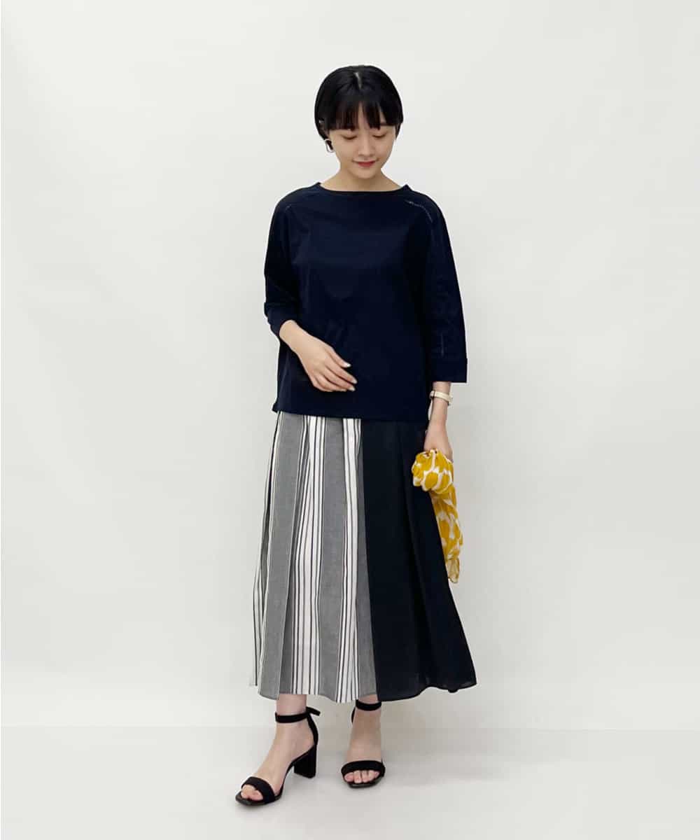 PHHGQ06290 GEORGES RECH(小さいサイズ)(メゾン ドゥ サンク) 【洗える】ストライプギャザーフレアスカート ブルー系