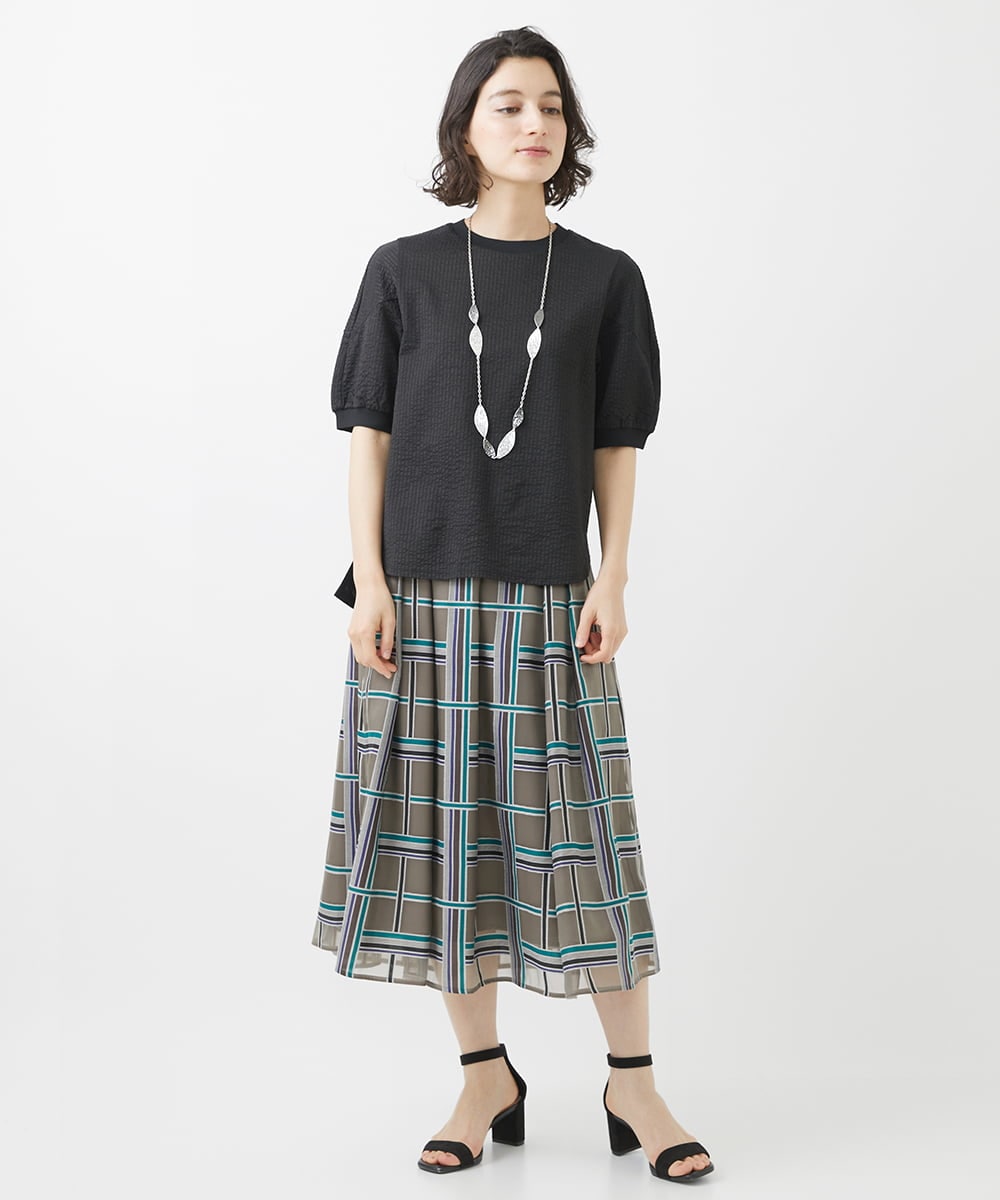 PHHHW01390 GEORGES RECH(小さいサイズ)(メゾン ドゥ サンク) [セットアップ対応]グラフィカルチェックシースルーフレアースカート ブラウン系
