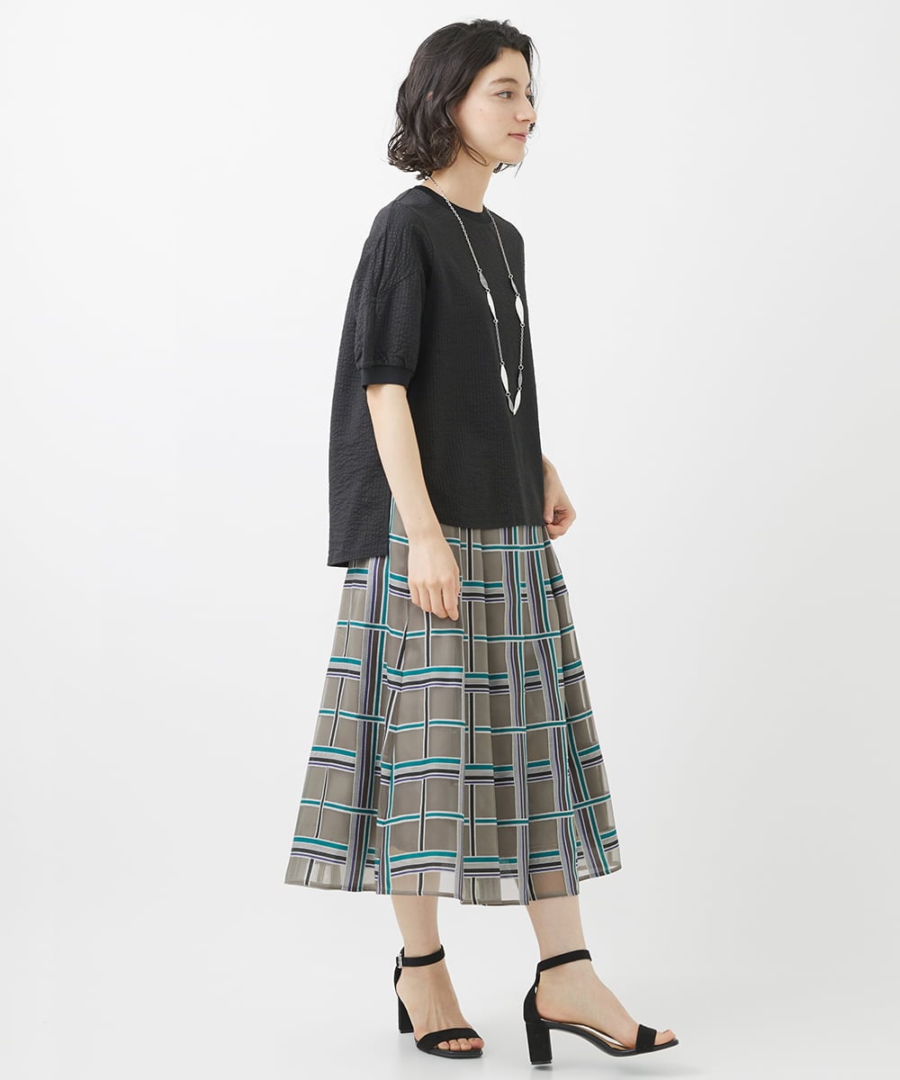 PHHHW01390 GEORGES RECH(小さいサイズ)(メゾン ドゥ サンク) [セットアップ対応]グラフィカルチェックシースルーフレアースカート ブラウン系