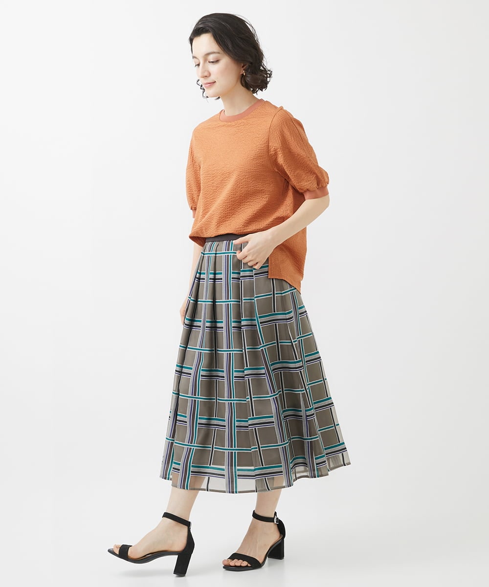 PHHHW01390 GEORGES RECH(小さいサイズ)(メゾン ドゥ サンク) [セットアップ対応]グラフィカルチェックシースルーフレアースカート ブラウン系