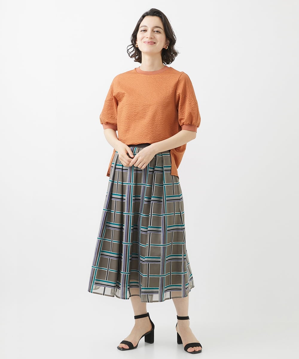 PHHHW01390 GEORGES RECH(小さいサイズ)(メゾン ドゥ サンク) [セットアップ対応]グラフィカルチェックシースルーフレアースカート ブラウン系