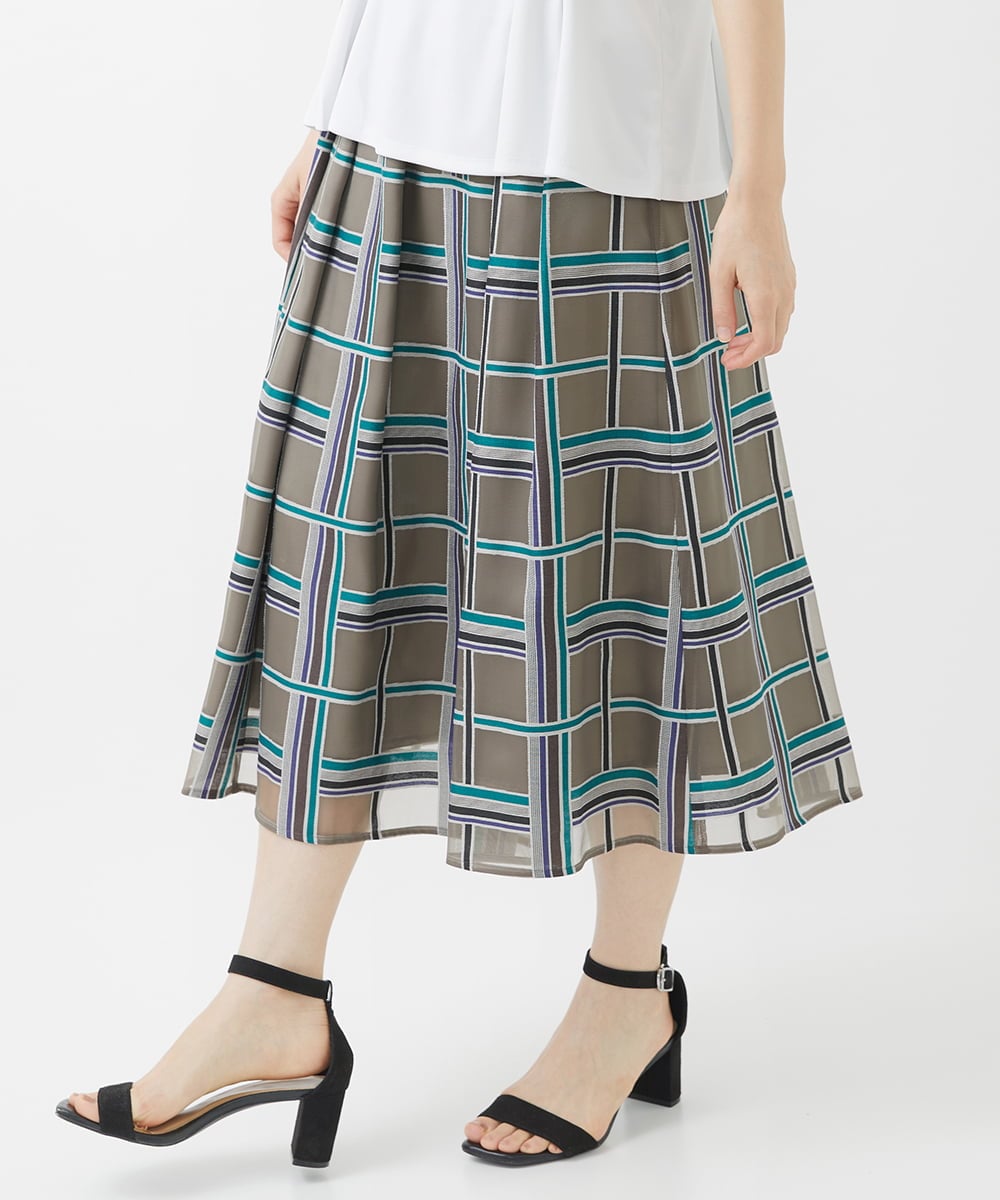 PHHHW01390 GEORGES RECH(小さいサイズ)(メゾン ドゥ サンク) [セットアップ対応]グラフィカルチェックシースルーフレアースカート ブラウン系