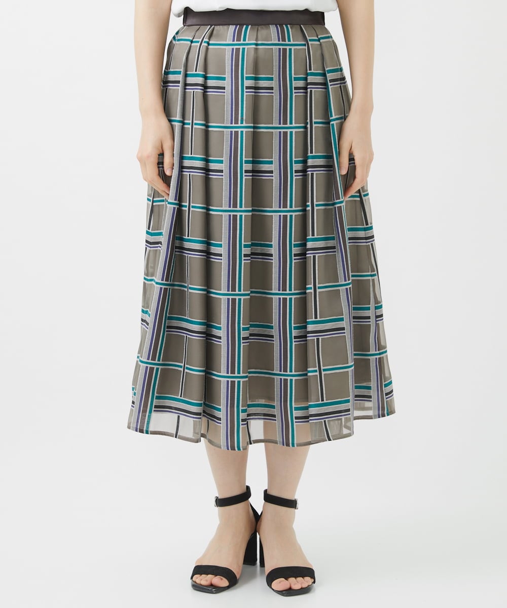 PHHHW01390 GEORGES RECH(小さいサイズ)(メゾン ドゥ サンク) [セットアップ対応]グラフィカルチェックシースルーフレアースカート ブラウン系
