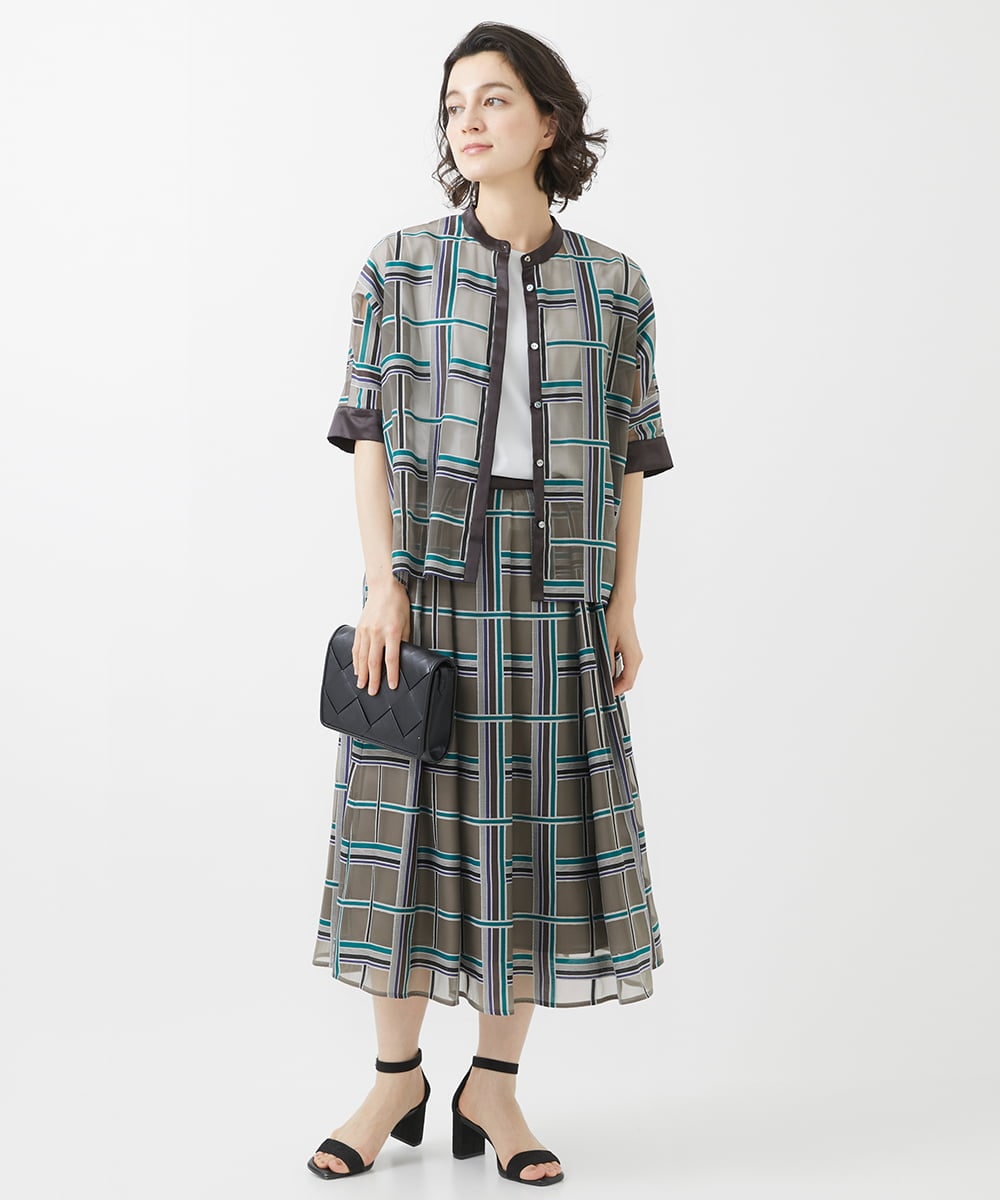 PHHHW01390 GEORGES RECH(小さいサイズ)(メゾン ドゥ サンク) [セットアップ対応]グラフィカルチェックシースルーフレアースカート ブラウン系