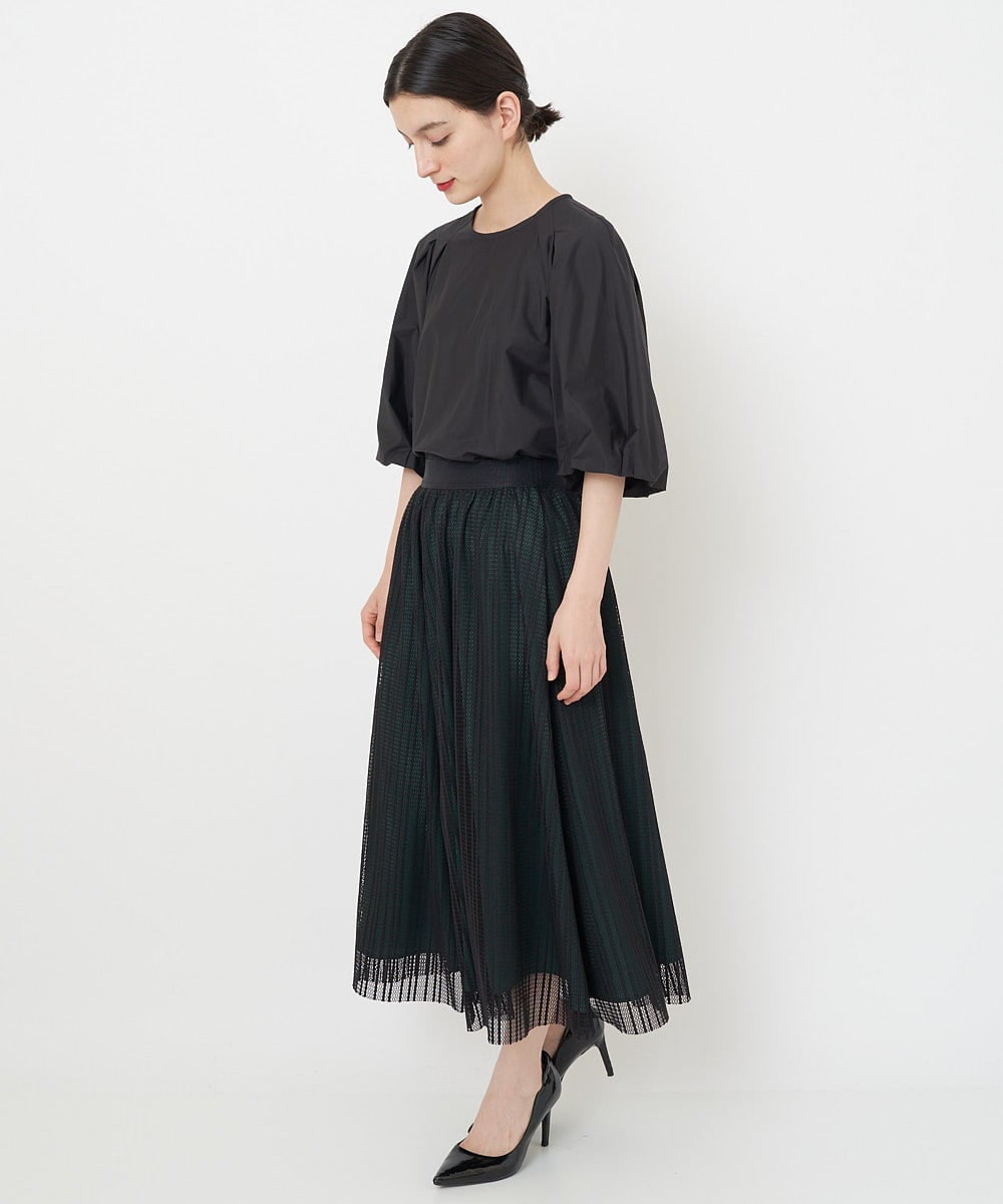 PHHJS05330 GEORGES RECH(小さいサイズ)(メゾン ドゥ サンク) メッシュストライプギャザーフレアスカート ブラック×グリーン