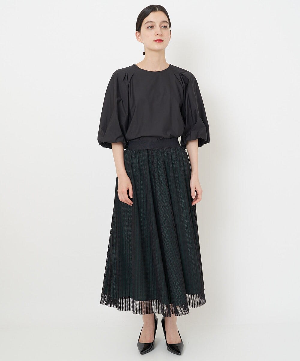 PHHJS05330 GEORGES RECH(小さいサイズ)(メゾン ドゥ サンク) メッシュストライプギャザーフレアスカート ブラック×グリーン