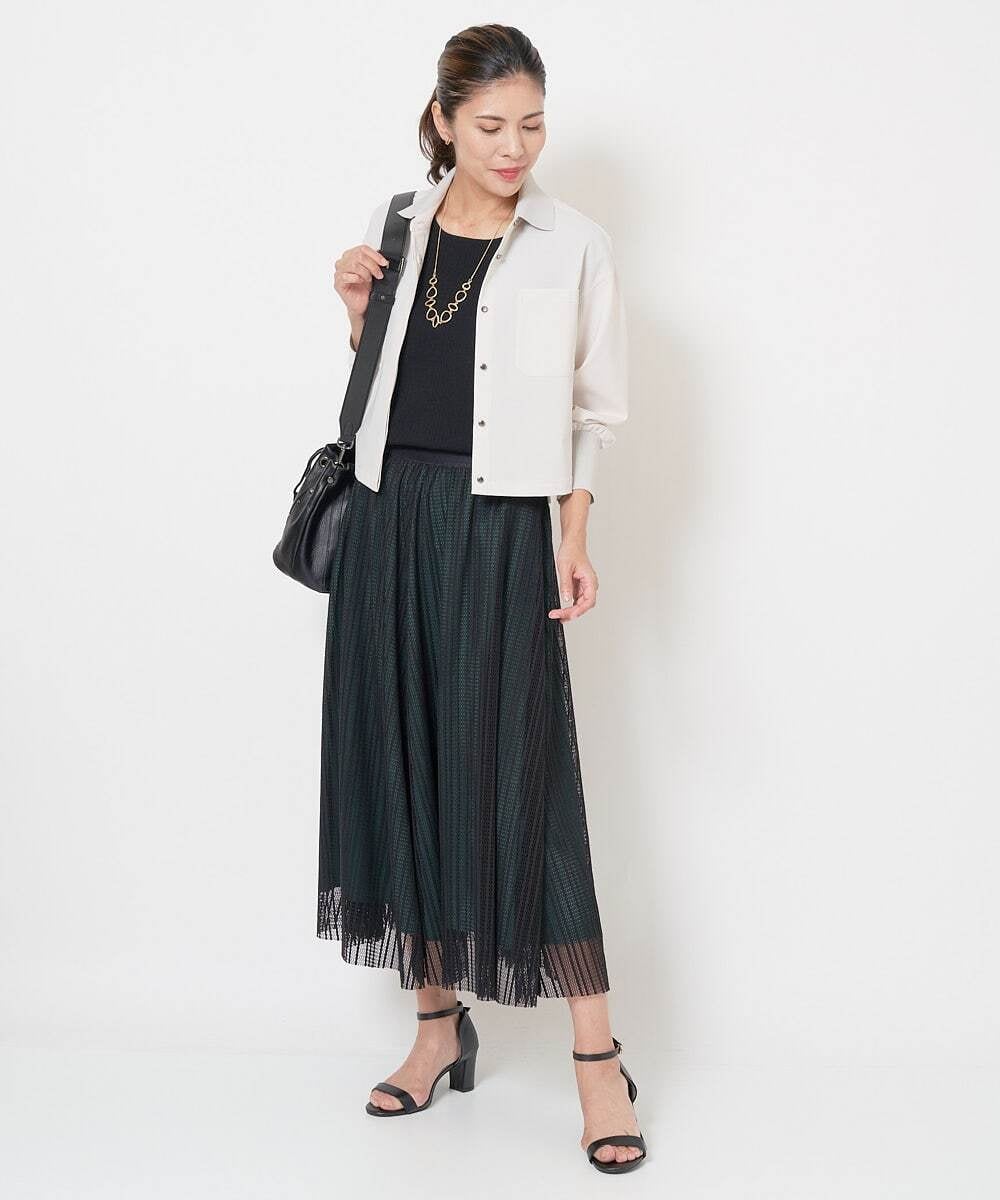 PHHJS05330 GEORGES RECH(小さいサイズ)(メゾン ドゥ サンク) メッシュストライプギャザーフレアスカート ブラック×グリーン
