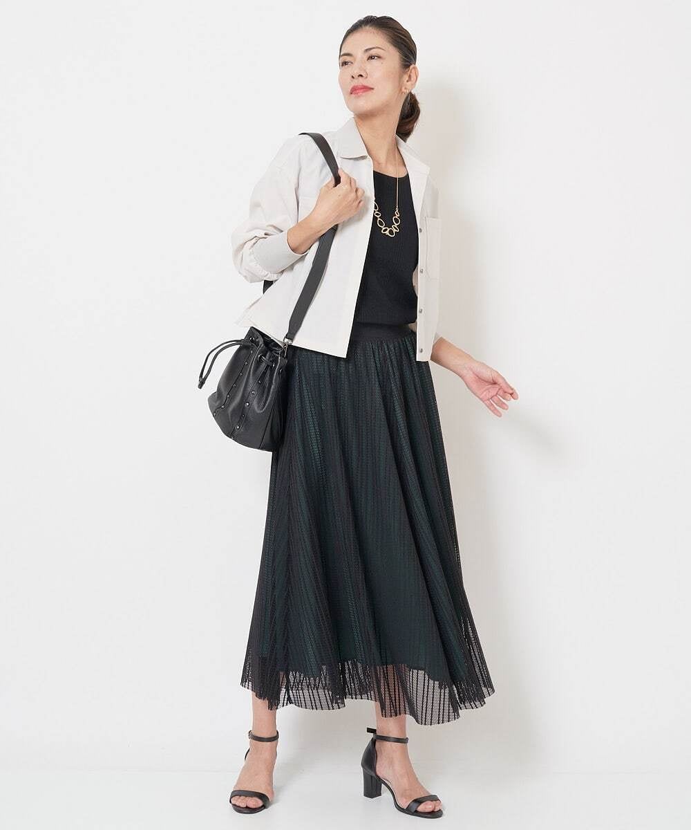 PHHJS05330 GEORGES RECH(小さいサイズ)(メゾン ドゥ サンク) メッシュストライプギャザーフレアスカート ブラック×グリーン