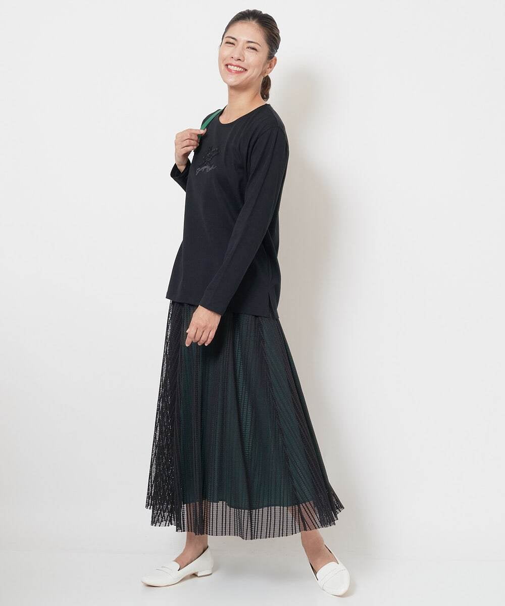 PHHJS05330 GEORGES RECH(小さいサイズ)(メゾン ドゥ サンク) メッシュストライプギャザーフレアスカート ブラック×グリーン