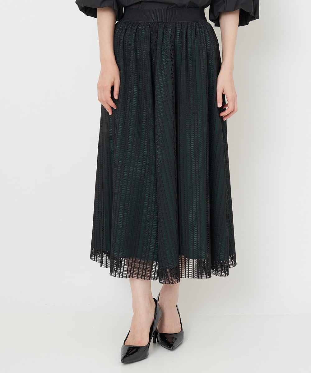 PHHJS05330 GEORGES RECH(小さいサイズ)(メゾン ドゥ サンク) メッシュストライプギャザーフレアスカート ブラック×グリーン