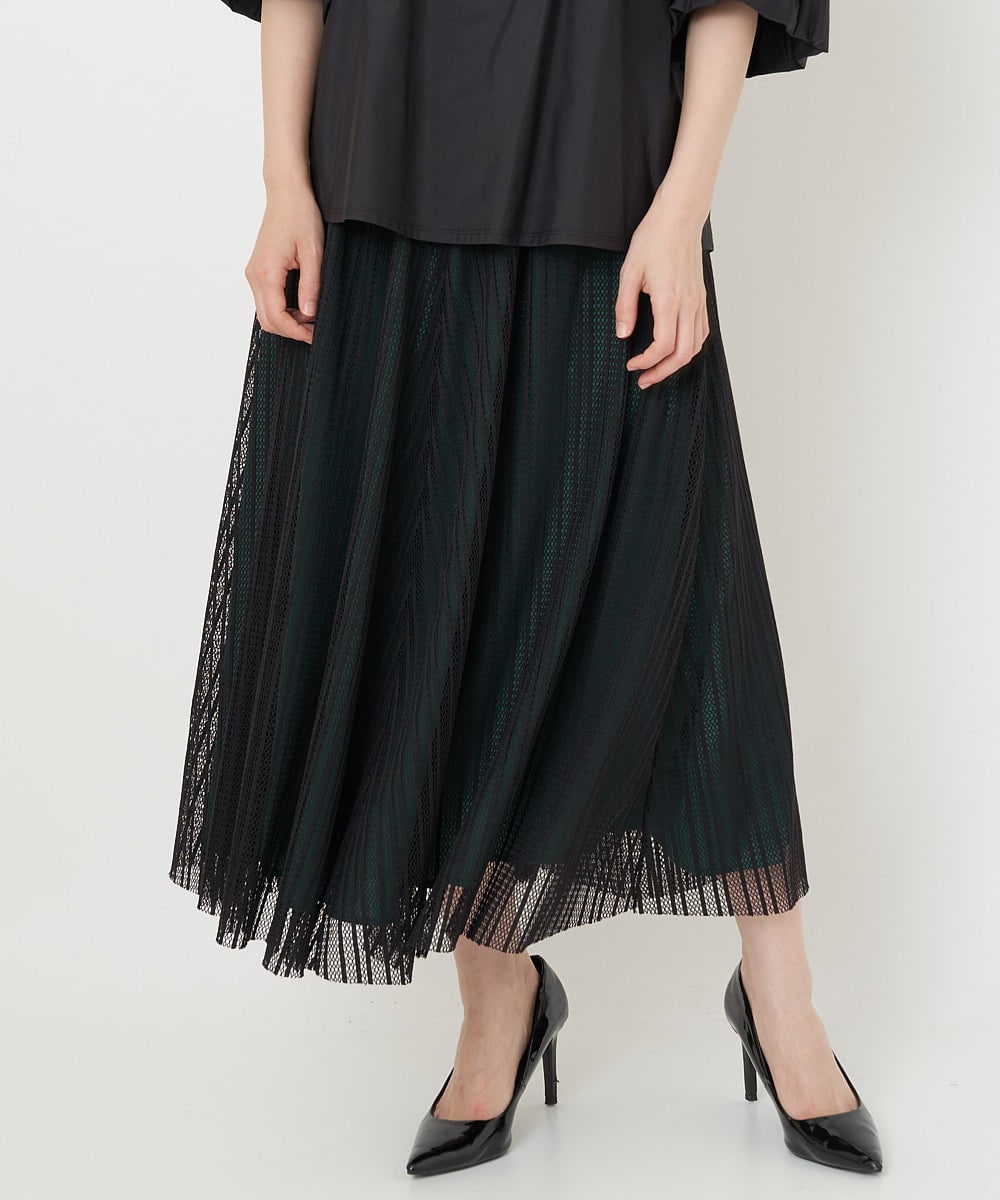 PHHJS05330 GEORGES RECH(小さいサイズ)(メゾン ドゥ サンク) メッシュストライプギャザーフレアスカート ブラック×グリーン
